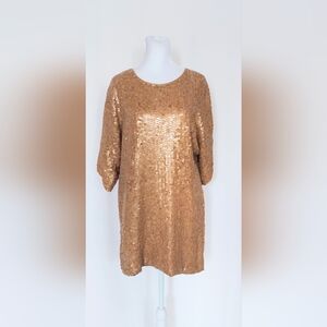 Royal Feelings Vintage Gold Sequin Cocktail Dress Ruched Sleeve Lined Size Small